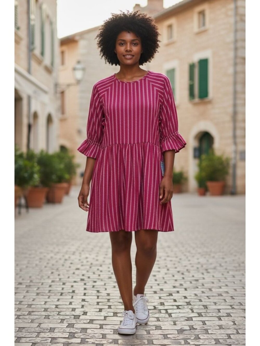Maisie Pink Striped Ruffle Sleeve Babydoll Dress Women's Size L
